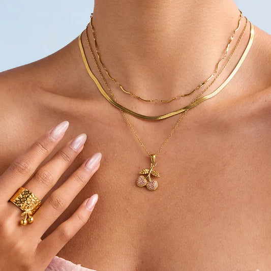 Dainty Gold Plated Chain with Embellished Cherry Pendant