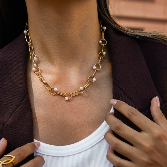 Chunky Gold Plated Link Chain with Faux Pearls