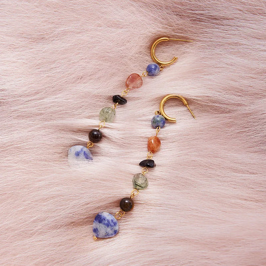 C-Circle Long Earrings Gold Plated with Stones