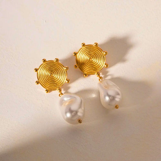 Gold Disc Stud Earrings with Pearl Drops