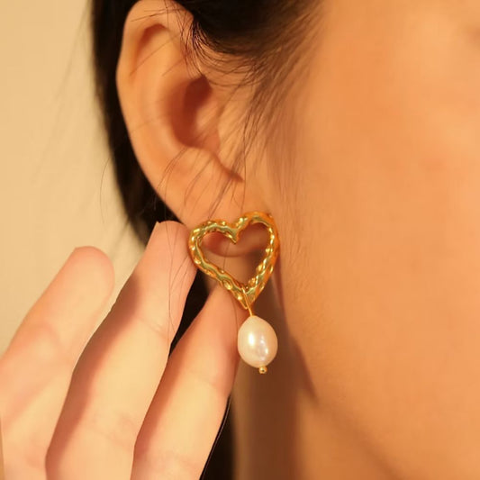 Dented Pearly Heart Drop Earrings