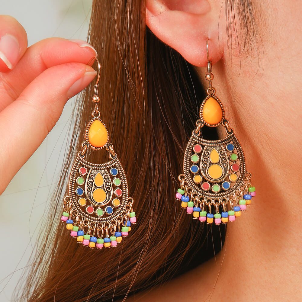 Premium | Ethnic Stone Drop Earrings (Yellow)