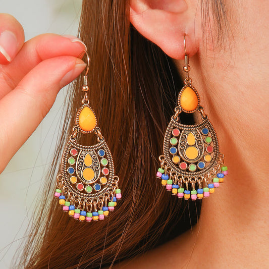 Premium | Ethnic Stone Drop Earrings (Yellow)