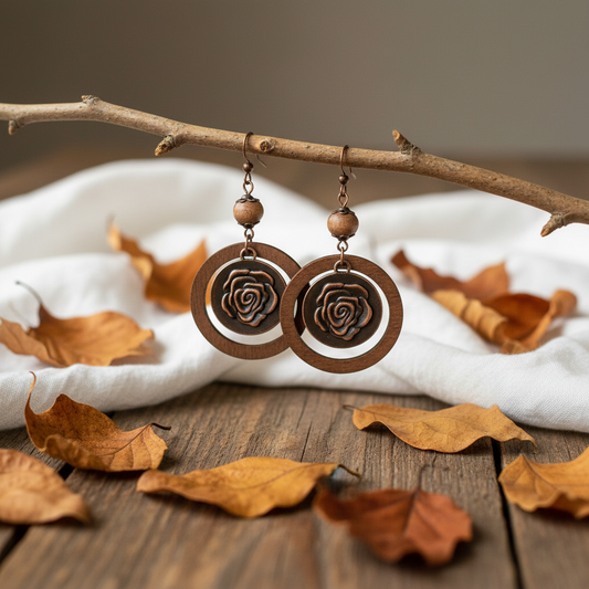 Bronze rose earrings hanging from a black pot with green leaves in the background