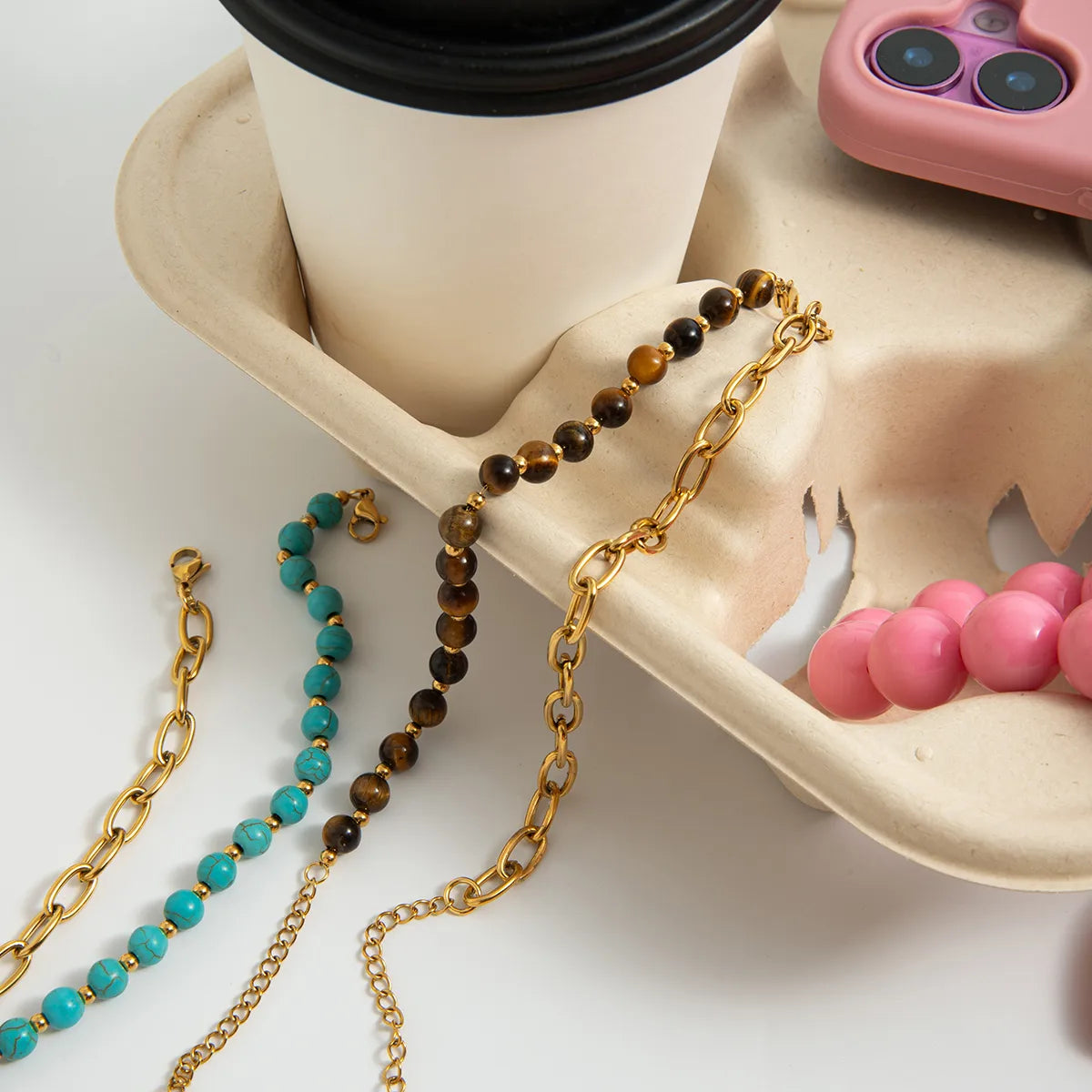 Gold Plated Link Chained Bracelet with Beads