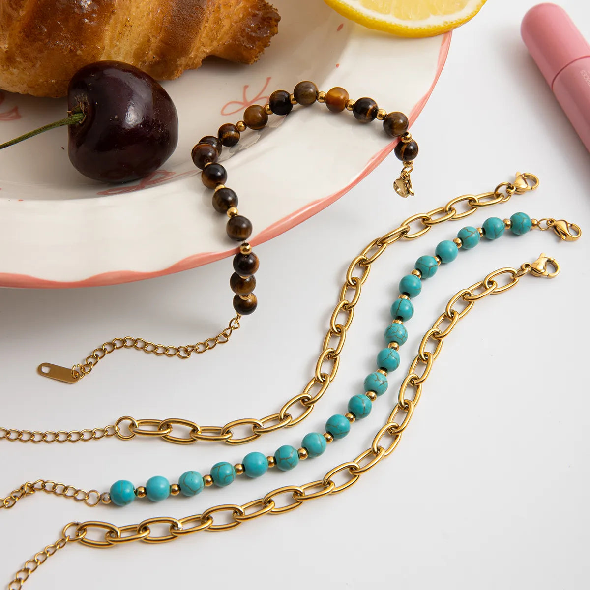 Gold Plated Link Chained Bracelet with Beads