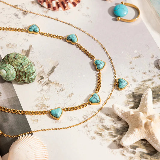 Dual Stacked Gold plated Chain with Turquoise Hearts