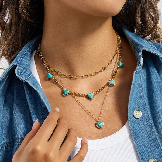 Dual Stacked Gold plated Chain with Turquoise Hearts