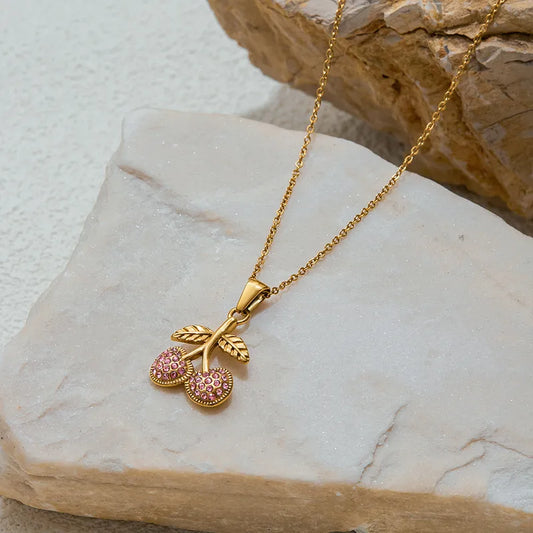 Dainty Gold Plated Chain with Embellished Cherry Pendant