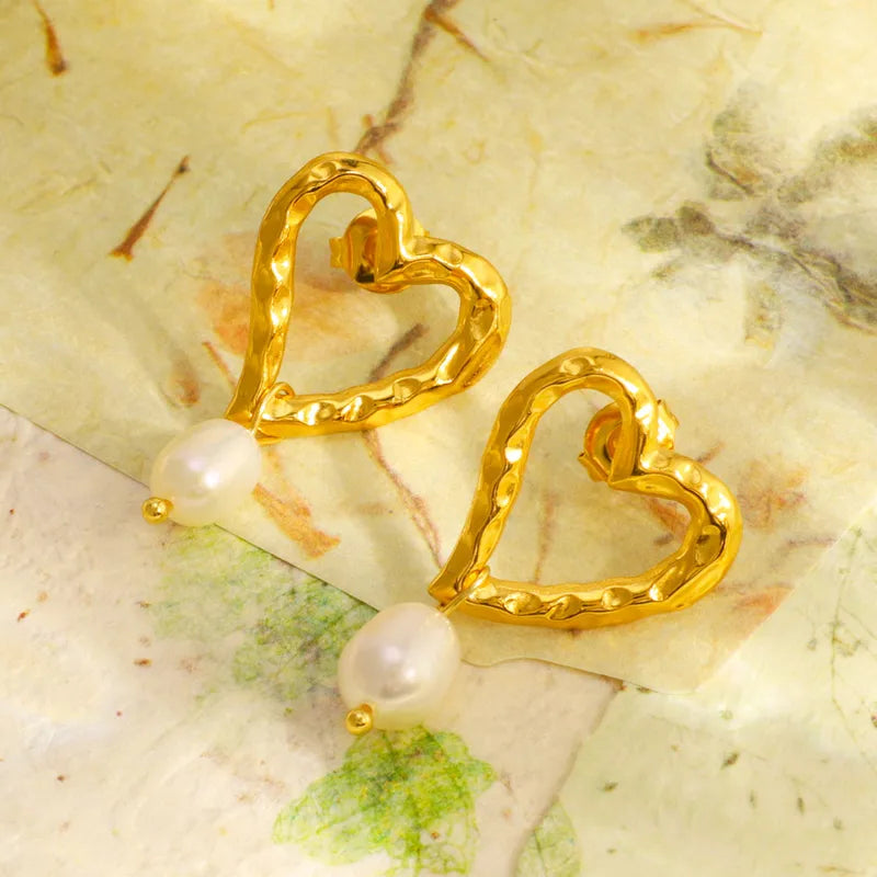 Dented Pearly Heart Drop Earrings