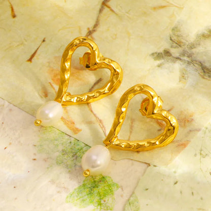 Dented Pearly Heart Drop Earrings