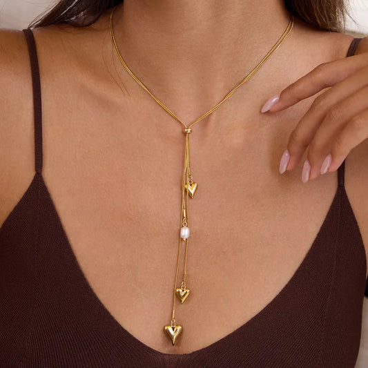 Gold Plated Adjustable Y-Chain with Pearl and Heart Pendants