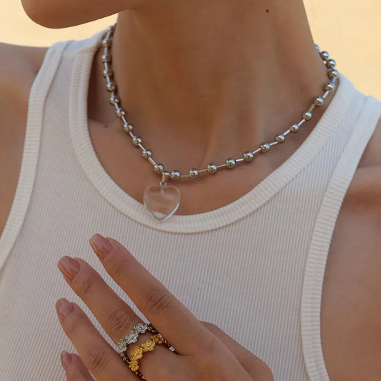 Bead Necklace with clear Heart Pendant