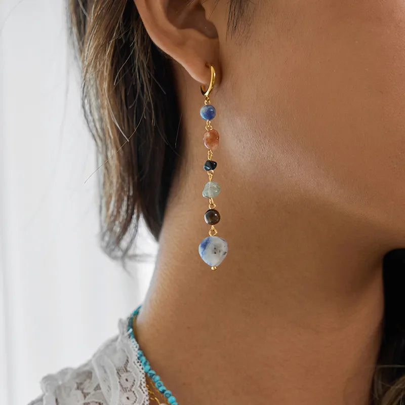 C-Circle Long Earrings Gold Plated with Stones