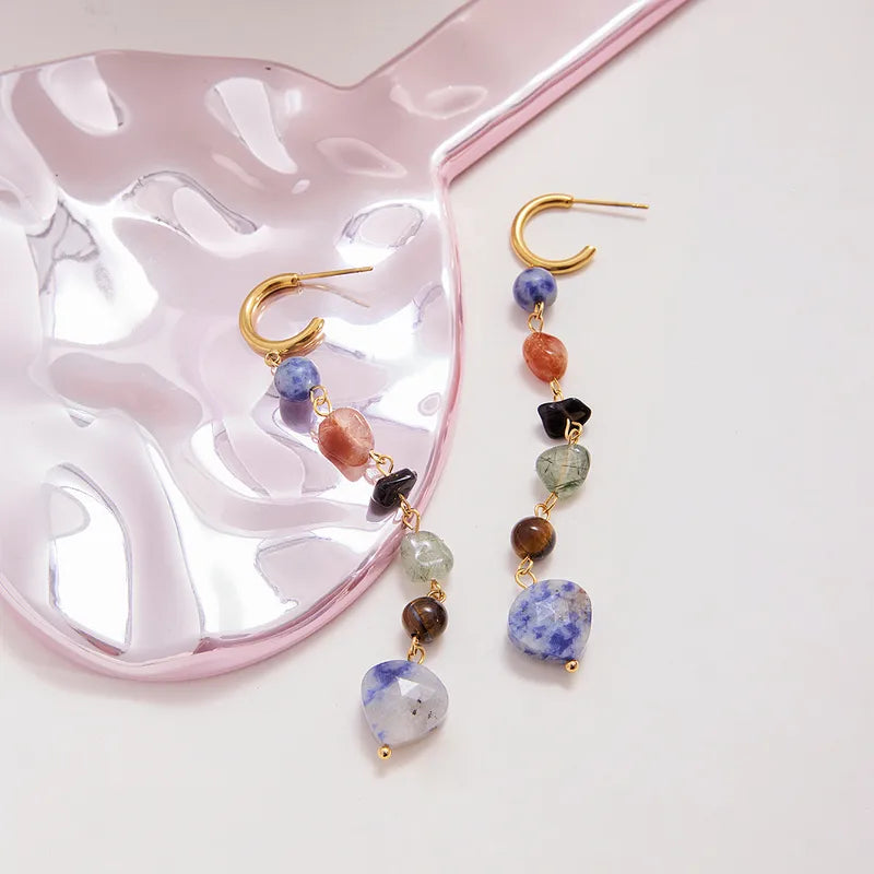 C-Circle Long Earrings Gold Plated with Stones