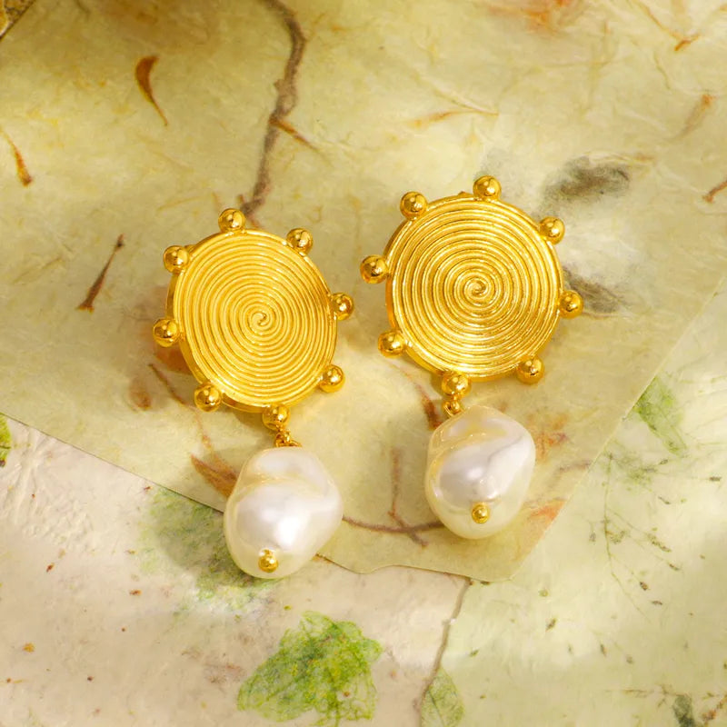 Gold Disc Stud Earrings with Pearl Drops