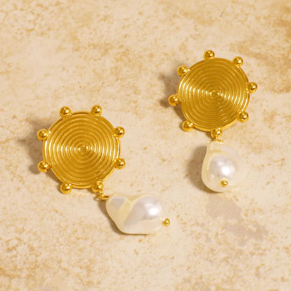 Gold Disc Stud Earrings with Pearl Drops