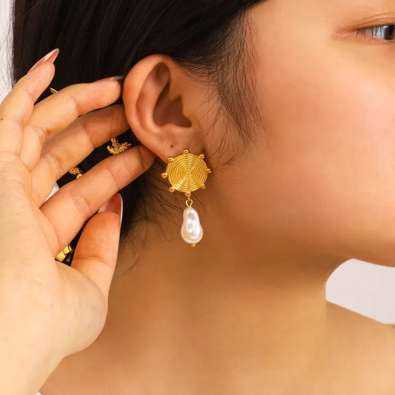 Gold Disc Stud Earrings with Pearl Drops