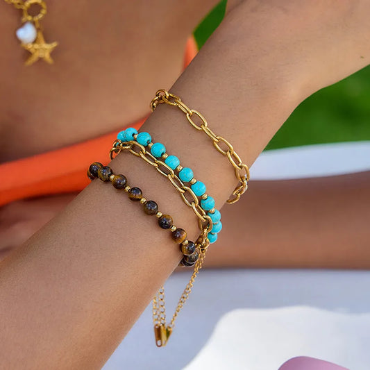 Gold Plated Link Chained Bracelet with Beads