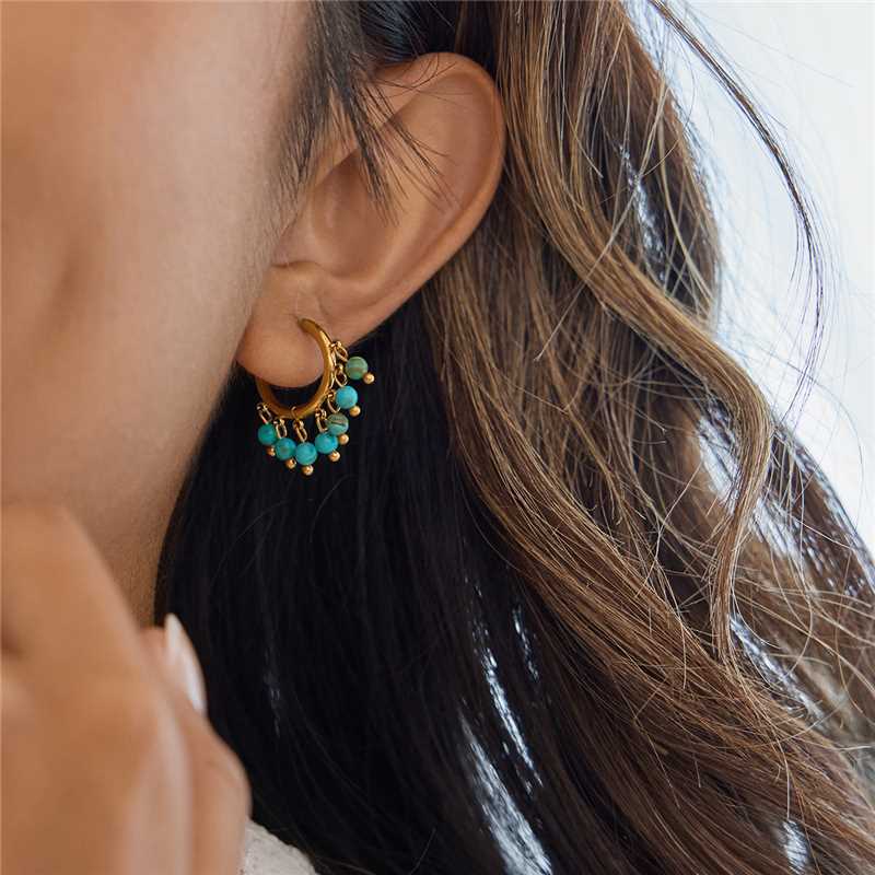 Gold Plated Sleeper Ring Turquoise Beaded Earrings