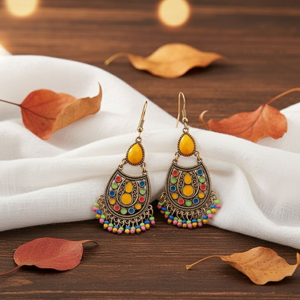 Premium | Ethnic Stone Drop Earrings (Yellow)