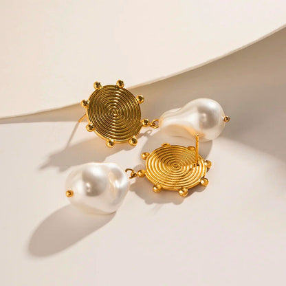 Gold Disc Stud Earrings with Pearl Drops