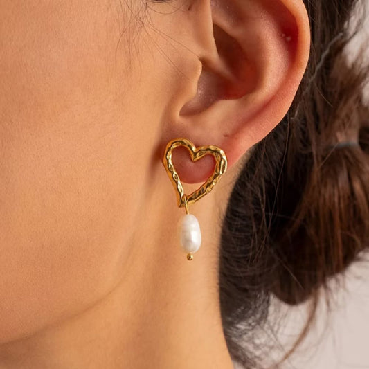 Dented Pearly Heart Drop Earrings