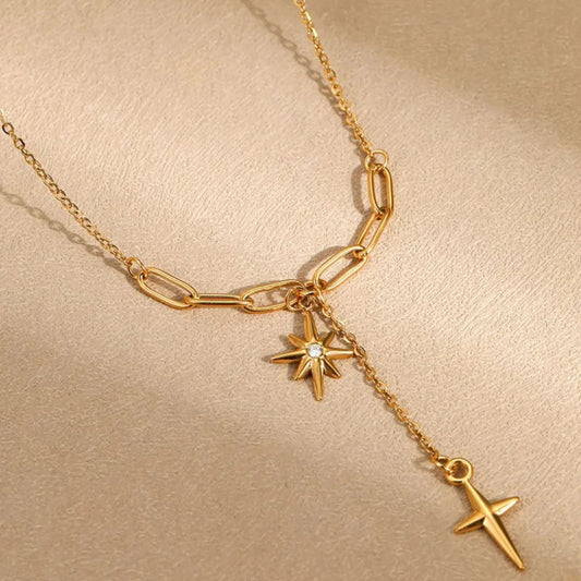 Classic Gold Plated Chain with a Four Pointed Star Pendant and a Cross Charm