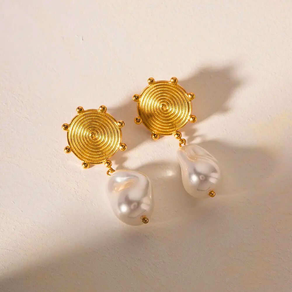 Gold Disc Stud Earrings with Pearl Drops
