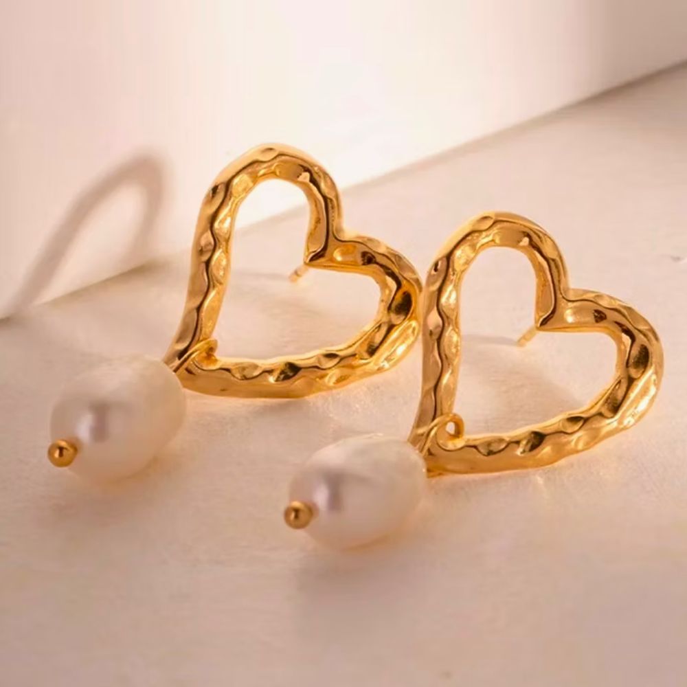 Dented Pearly Heart Drop Earrings