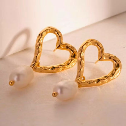 Dented Pearly Heart Drop Earrings