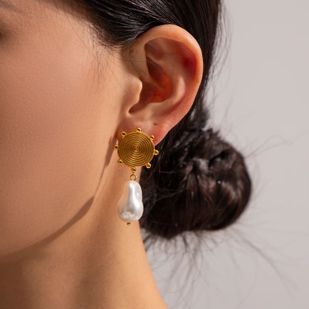 Gold Disc Stud Earrings with Pearl Drops