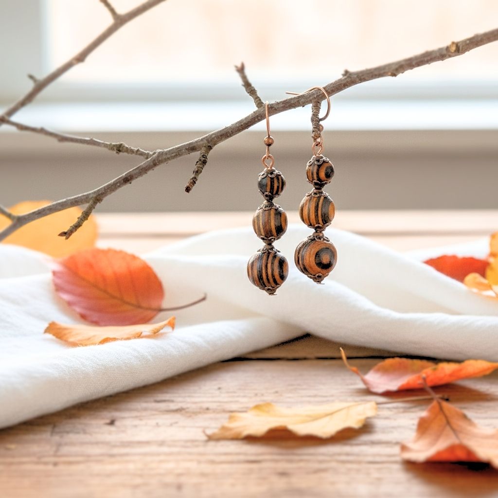 Pair of wooden beaded earrings on a branch with autumn leaves and fabric in the background